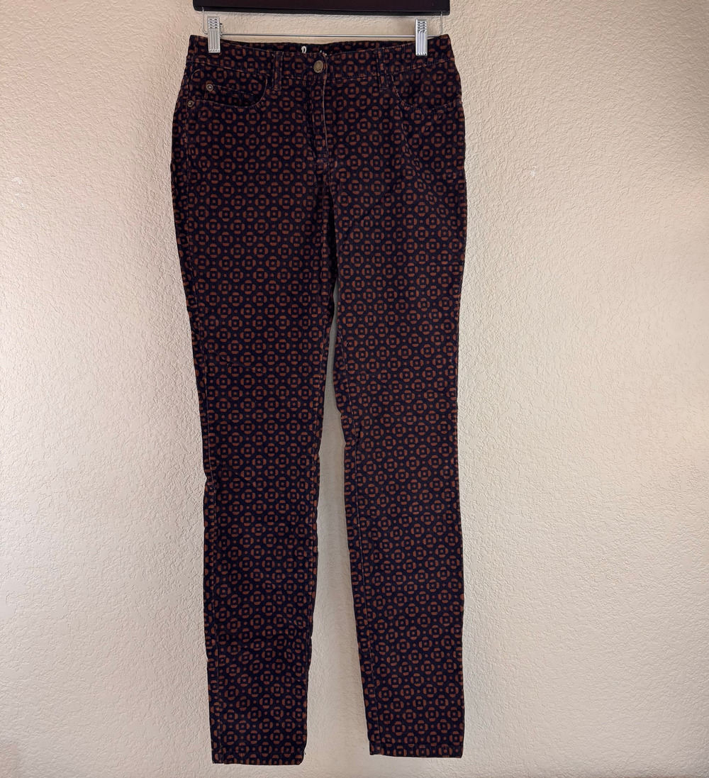 Boden Corduroy Pants Womens US 6L Long UK 10L Skinny Brown Black Geometric Print